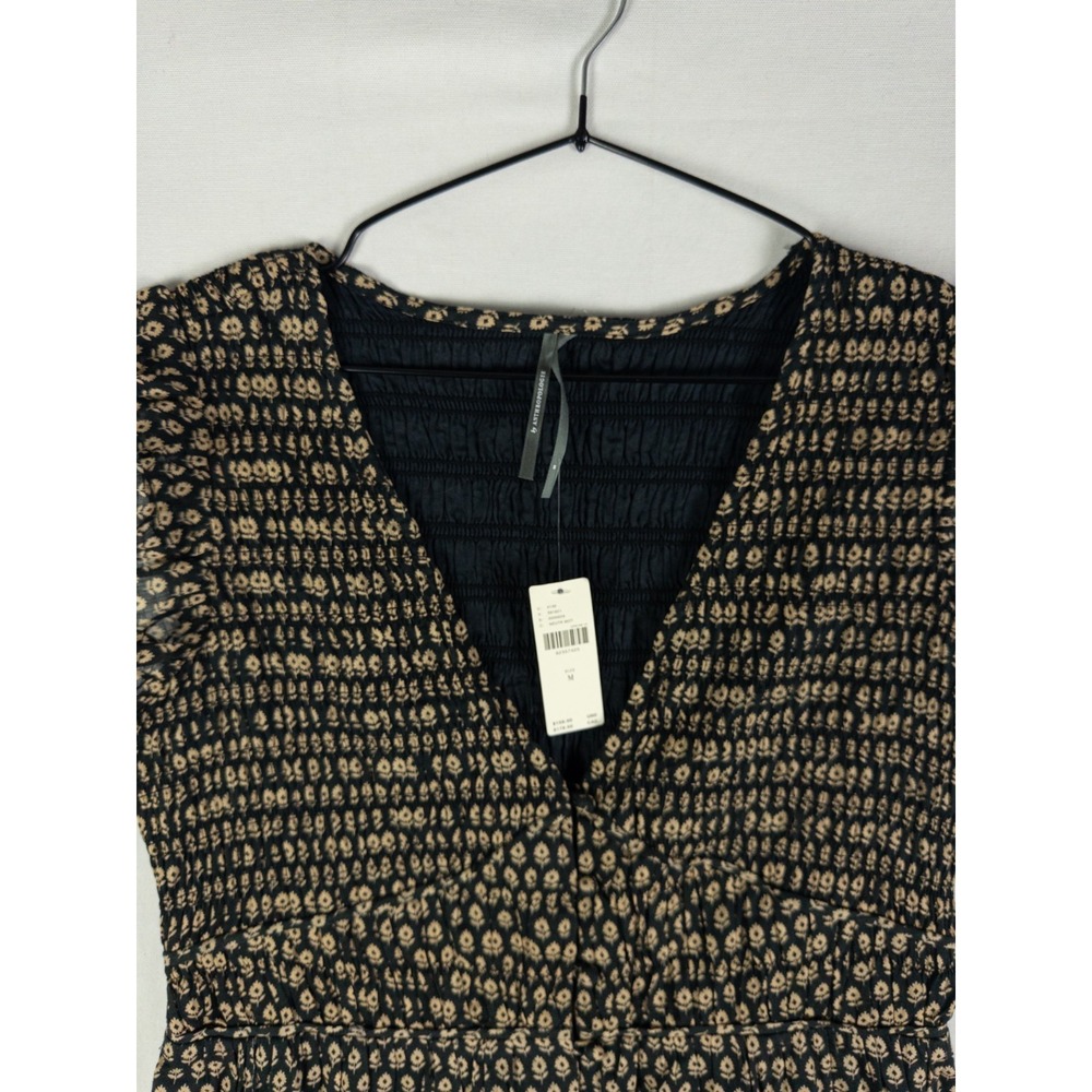 Anthropologie Midi Dress Womens Medium Black Tan Floral Smocked Tiered Flutter S